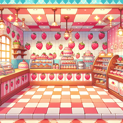 A cute kawaian bakery interior with strawberry tiles. Single Game Texture. In-Game asset. 2d. Blank background. High contrast. No shadows.
