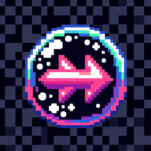 pixel art bubble with 2 fast foward arrows neon color.
Single Game Texture. In-Game asset. 2d. Blank background. High contrast. No shadows.