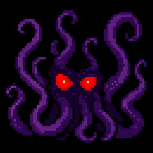 Purple tentacles pixel art and red eyes 2d.
In-Game asset.  2d.  High contrast.  No shadows