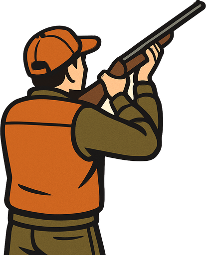 Silahını yukarı doğrultup nişan almış bir ördek avcısının arkadan görünüşünü çiz.
In-Game asset.  2d.  High contrast.  No shadows