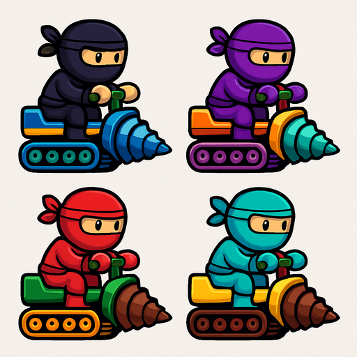 Different frames of a ninja digger, different colors, HD colors.
In-Game asset.  2d.  High contrast.  No shadows