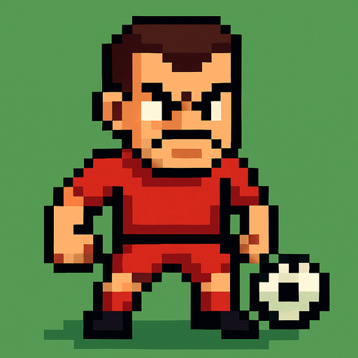 angry lookin red suit pixelart soccer player.
In-Game asset.  2d.  High contrast.  No shadows