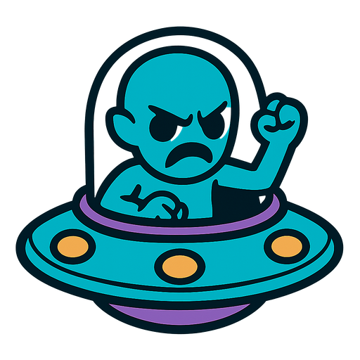 Blue alien in a UFO, he’s mad and his body is inside the ufo.
In-Game asset.  2d.  High contrast.  No shadows