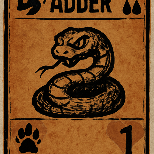 Design a rectangular card that looks like it's from an old card game, with a faded parchment-style background in a dull orange-brown color and a dark border. At the top of the card, display the word "ADDER" in bold, uppercase letters. In the top-left corner, include a dark gray snake head silhouette symbol. In the top-right corner, place two dark red blood drop icons. In the center of the card, draw a coiled snake with a threatening expression, hand-drawn style, with rough and slightly uneven lines. The snake should have a forked tongue sticking out and a sinister look in its eyes. In the bottom-left corner, add a black paw print icon with the number "1" next to it. In the bottom-right corner, include a heart-like icon also with the number "1" beside it. The overall atmosphere of the card should be dark, eerie, and mystical, with an old, handmade aesthetic..
In-Game asset.  2d.  High contrast.  No shadows