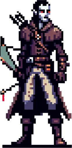 vampire hunter pixel art
Single Game Texture. In-Game asset. 2d. Blank background. High contrast. No shadows.