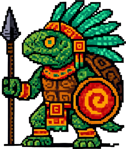 Generame un guerrero azteca con patrones, estilo pixelar, ademas sera un Tortuga de ciénaga colombiana humanoide.
In-Game asset.  2d.  High contrast.  No shadows