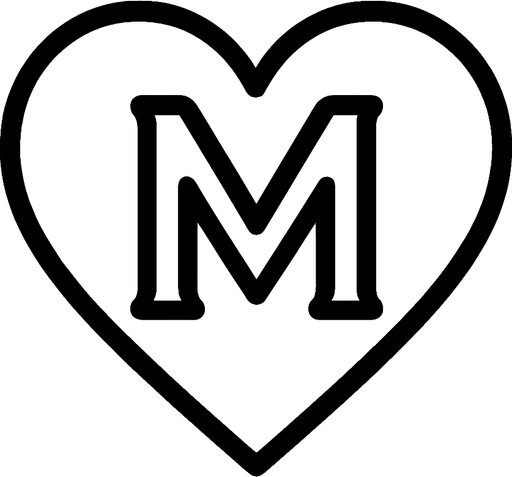 Kalp içinde bir m harfi çiz.sadece sınır çizgileri olsın arkaplan yok

In-Game asset.  2d.  High contrast.  No shadows