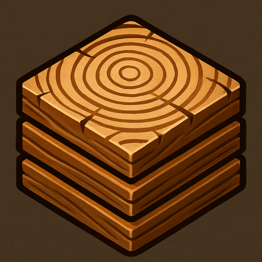 Crea un icono de madera que represente el recurso de construcción y mejora. Debe ser una pila de troncos cortados o un fajo de tablones de madera, vistos directamente desde arriba. La superficie superior debe mostrar la textura de la madera (anillos de crecimiento, vetas) y un sombreado que dé volumen a la pila..
In-Game asset.  2d.  High contrast.  No shadows