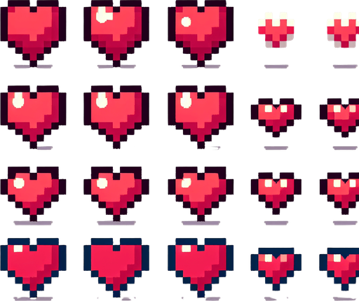 A sprite sheet of heart containers. 
Single Game Texture. In-Game asset. 2d. Blank background. High contrast. No shadows.