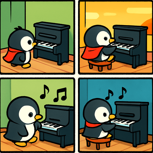 4-panel comic strip, no text, cute cartoon style, bright colors, black outlines.
Characters: Penguin Hero (small, determined) + Penguin Princess (elegant, crown) + Village Penguins
Central Theme: Music connects hearts, piano mastery wins love. Story: Hero commits to learning piano seriously

Panel 1: Hero finds small piano and sets up practice space
Panel 2: Hero practicing at sunrise, warm golden morning light
Panel 3: Musical notes gradually improve from wobbly to steady
Panel 4: Hero still practicing under moonlight, showing dedication through full day
In-Game asset.  2d.  High contrast.  No shadows