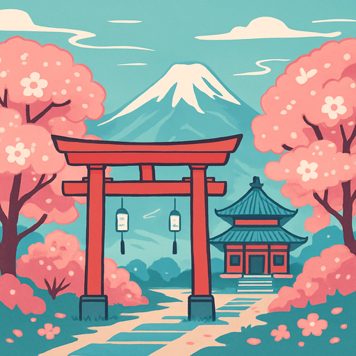 A peaceful mountain and temple background with sakura trees, a torii gate, and light wind chimes hanging. Very serene..
In-Game asset.  2d.  High contrast.  No shadows