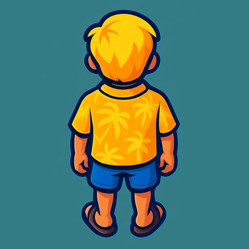 A young boy with a yellow Hawaiian style shirt and sandals. No hat. Blonde hair.