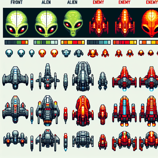 full color fron alien spaceship pack enemiy spacechip pack, frontal view.
vibrant colors Single Game Texture. In-Game asset. 2d. Blank background. High contrast. No shadows. 100px x 50px vertical
