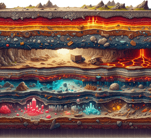 Here is your 2D side-view of the earth’s layers in a side-scrolling game style. It maintains the horizontal strata with distinct layers transitioning from rocky topsoil to deep, glowing lava rock. Fossils, gold veins, and crystal traces add depth and detail.

For the next remix, here are some potential modifications:

Deeper Layer Focus – Shift the scene further down to expose more intense lava activity and larger crystal formations. 🔥
More Fossils & Artifacts – Increase the number of embedded fossils, adding prehistoric bones or ancient relics. 🦴
Volcanic Activity – Introduce subtle magma flows or small pockets of underground lava chambers..
Single Game Texture.  In-Game asset.  2d.  Blank background.  High contrast.  No shadows