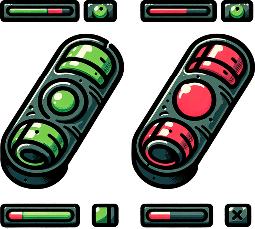 A sprite sheet featuring two large, flat toggle buttons for a hacking mobile game. Each toggle is cigar-shaped with rounded edges, displayed in active (green) and inactive (red) states.

The active state has a neon green fill with a circular slider positioned on the right, while the inactive state has a muted red fill with the slider on the left. The buttons are large and centered in the sprite sheet, with ample spacing and a clean, grey background. This design is minimalistic, clear, and ideal for a tech-themed game interface.
Single Game Texture. In-Game asset. 2d. Blank background. High contrast. No shadows.