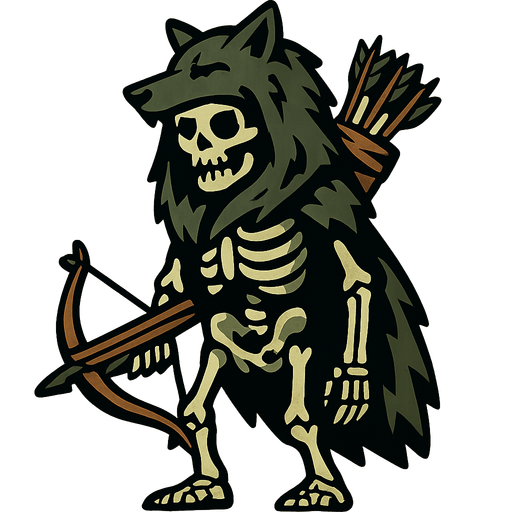 Skeleton with a dead wolf's head as a hood, a Crossbow and a big quiver.
In-Game asset.  2d.  High contrast.  No shadows