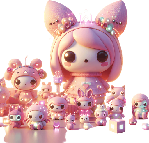 Beautiful 3d pink theme with other soft colours with cute soft kawaii 3d dolls and tiny glowing creatures.
Single Game Texture. In-Game asset. 2d. Blank background. High contrast. No shadows.