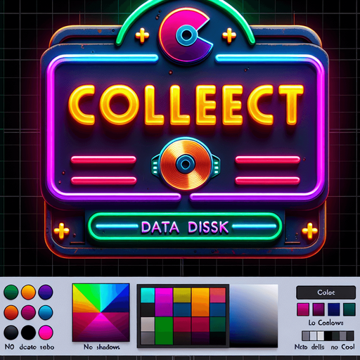 retro sign with the word collect and a datadisk symbol in neon colors...
Single Game Texture. In-Game asset. 2d. Blank background. High contrast. No shadows.