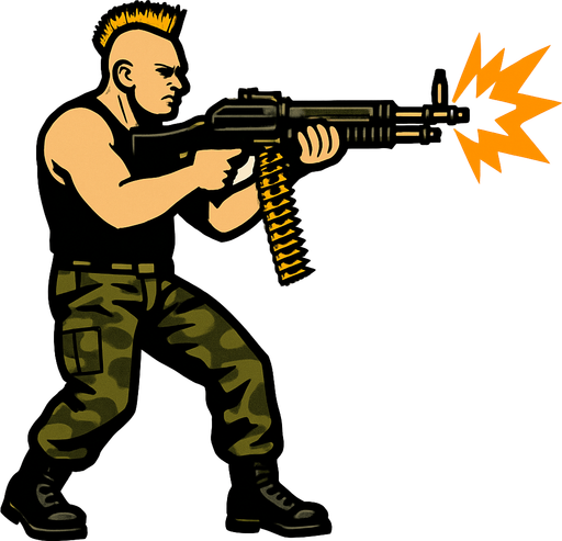 un hombre de 90 kilos rubio con un mohicano con una camiseta de tirantes negra con pantalones de militar disparando un m60 sin brazo con la perspectiva lateral de cuerpo completo.
In-Game asset.  2d.  High contrast.  No shadows