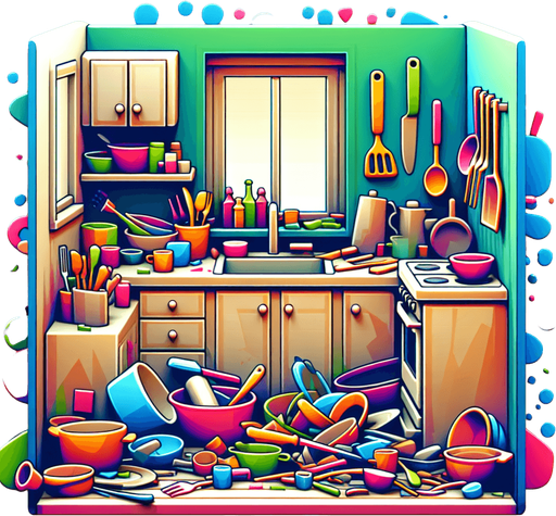 dağınık bir mutfak, odanın içinden görünüm. 3d renkli anime, çizgi film