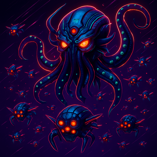 Cutout, swarm, neon cyberpunk glow horror corporate murder squid flying robot monsters