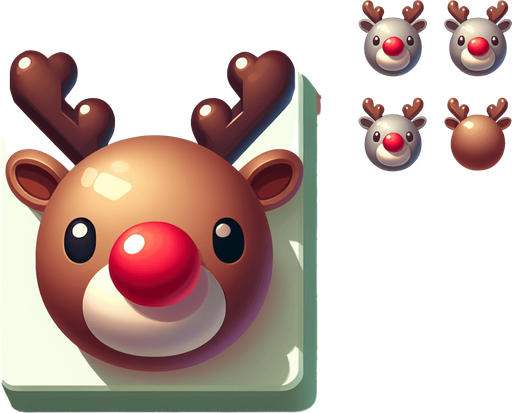 one cute christmas reindeer head with a red nose. plastic style. Single Game Texture. In-Game asset. 2d. Blank background. High contrast. No shadows.