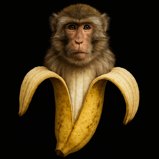 Haz a un macaco con cuerpo de plátano medio abierto, Ultra Realista, sin brazos ni piernas..
In-Game asset.  2d.  High contrast.  No shadows. Ultra Realista