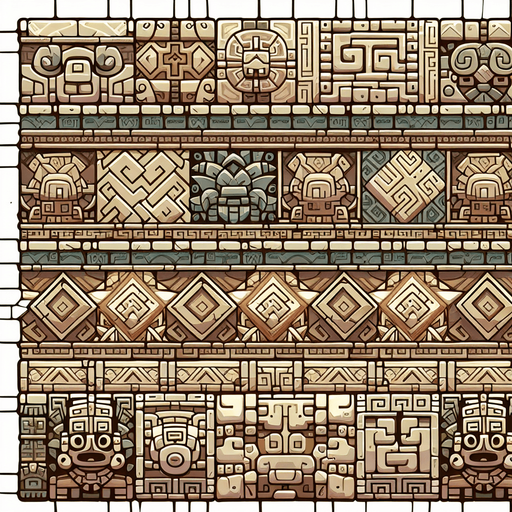 chibi inca aztec wall pattern.
Single Game Texture.  In-Game asset.  2d.  Blank background.  High contrast.  No shadows