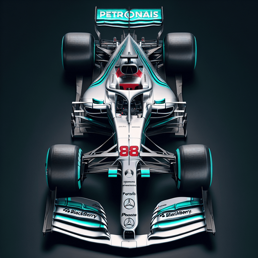 Real life Silver f1 mercedes race car with turquoise green lines and REARwings and white "PETRONAIS" text on wings.
Red race number on car nose. Black peace logo, black Blackberry text on sides. TOP VIEW