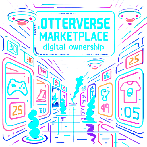 Create a cyber-bazaar corridor lined with glowing vendor pods and digital price tags flickering in neon. A large holoscreen banner reads ‘Otterverse Marketplace - digital ownership’ Include floating ad drones, steam jets from vents, and reflective floor panels—no visible characters or coins..
In-Game asset.  2d.  High contrast.  No shadows