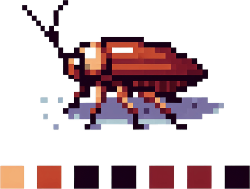 Genera una cucaracha de color marron que se vea solo de perfil mirando a la izquierda en pixel art.
Single Game Texture.  In-Game asset.  2d.  Blank background.  High contrast.  No shadows