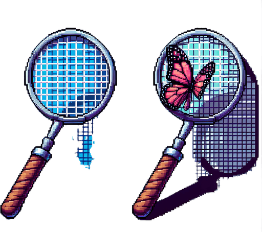 pixel butterfly catcher tool, standing straight, the net facing right.
Single Game Texture. In-Game asset. 2d. Blank background. High contrast. No shadows.