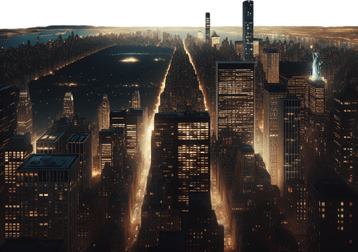 Photorealistic and ultrawide panoramic landscape from New york at night.