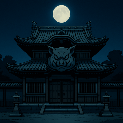 realistic 2d anime style front field old samurai palace temple with pig evil ornament at midnight.
In-Game asset.  2d.  High contrast.  No shadows
