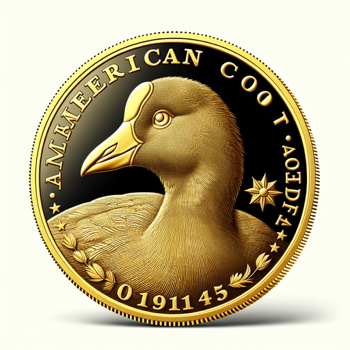 A single golden coin with the head of an American 
Coot on it..
Single Game Texture. In-Game asset. 2d. Blank background. High contrast. No shadows.