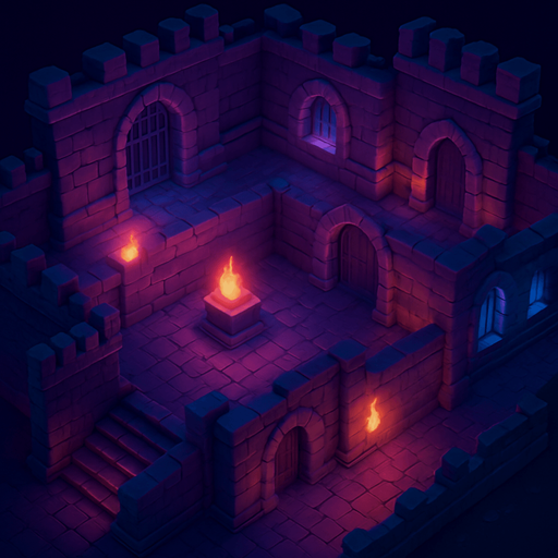 Top down isometric neon cyberpunk castle dungeon background large