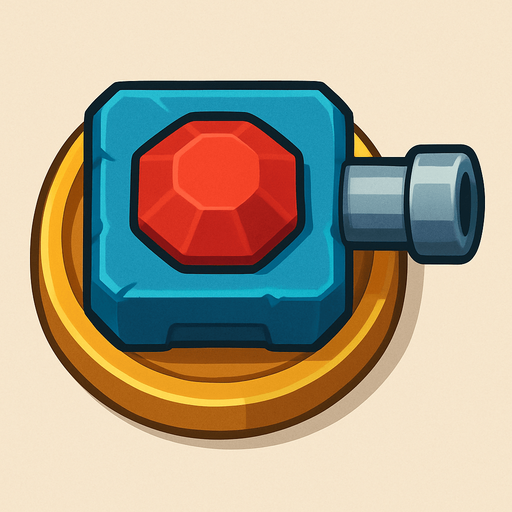 Crea la Torre Default en un estilo 2D renderizado, limpio y cartoonish, con contornos claros y definidos, colores vibrantes con transiciones suaves, y sombreado que da volumen a sus superficies superiores.
La perspectiva debe ser VISTA CENITAL (totalmente desde arriba). Esto significa que la torre se verá como si estuviera siendo observada directamente desde arriba, con los detalles de su parte superior siendo prominentes.
La base de la torre debe ser circular para permitir un movimiento de cañón cómodo. El cañón o la ranura de disparo debe estar orientado hacia la DERECHA en su diseño base (desde la vista cenital).
La torre debe tener un perfil bajo y la menor cantidad de relieve vertical posible para facilitar una rotación fluida en la animación..
In-Game asset.  2d.  High contrast.  No shadows