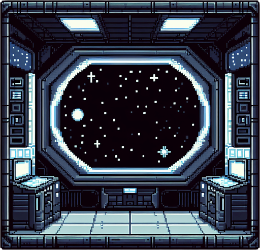Pixelart. A background window for an in-game shop, with a space theme. The center part should be a large blank area with space for the items and labels for sale in the game shop. The blank space could have the form of a black computer screen inside a spaceship..
Single Game Texture. In-Game asset. 2d. Blank background. High contrast. No shadows.