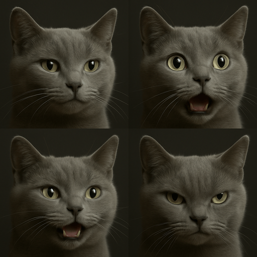 Sprite sheet of head only with different face expressions : smile, surprise, fear, laught, angry...
KEEP SAME ORIENTATION