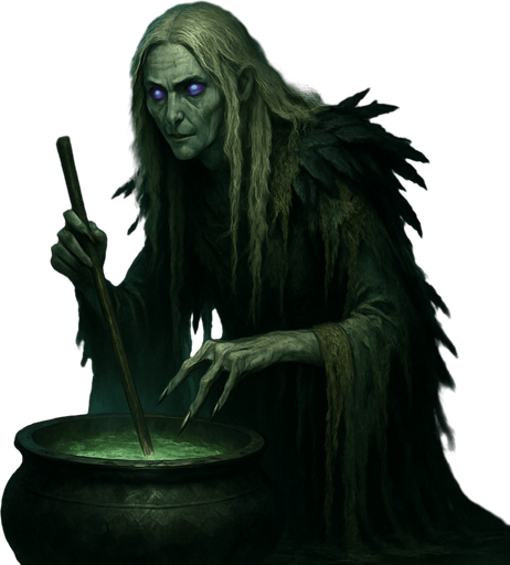 A hauntingly beautiful swamp witch draped in moss-draped robes and raven feathers. Female, 44 years old, tall and willowy, long tangled silver-blonde hair, glowing violet eyes, pale greenish skin marked with old runes. Fingers elongated and tipped with claws. She stirs a cauldron in the middle of a foggy, glowing swamp surrounded by will-o'-wisps. Realistic, highly detailed, eerie mystical style. realistic.
In-Game asset.  2d.  High contrast.  No shadows