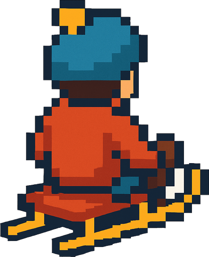 arkasından gördüğümüz kızağa oturan pixel bir çocuk yap.
In-Game asset.  2d.  High contrast.  No shadows