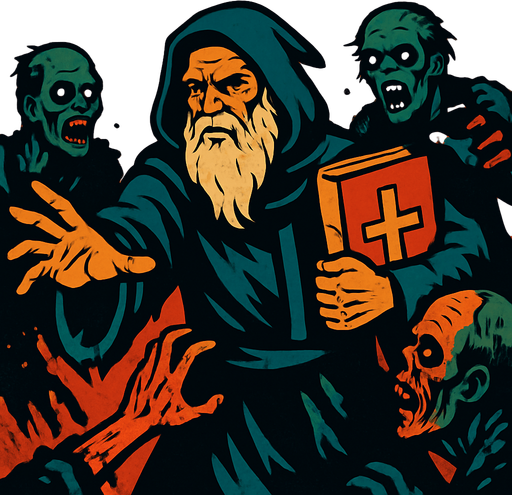 A background image (wallpaper) representing an old prophet-like man with white hair and beard, wearing a priest's robe (hooded) and holding a holy book (christianity, cross) in his hand, fighting against zombies..
In-Game asset.  2d.  High contrast.  No shadows