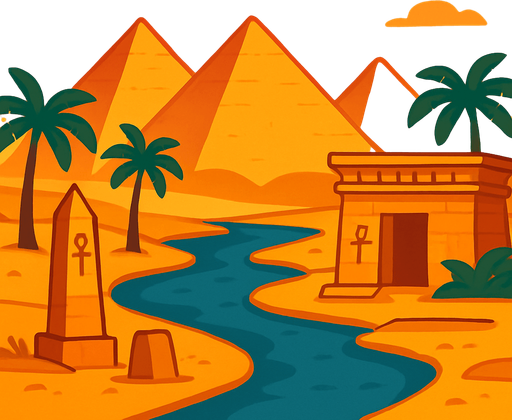 A desert cartoon-style background with pyramids, palm trees, and the Nile river. Add warm sunset tones and Egyptian architectural elements. Great for an Oud-based level..
In-Game asset.  2d.  High contrast.  No shadows