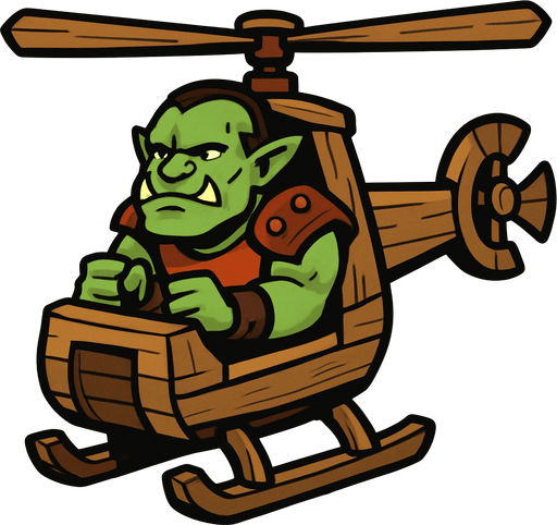 Orc in a wooden helicopter.
In-Game asset.  2d.  High contrast.  No shadows