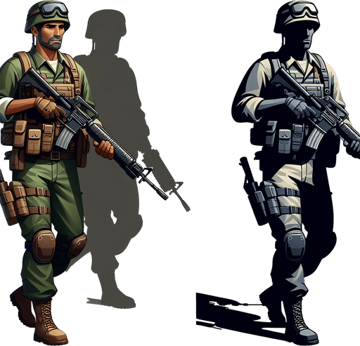 A man in the army suited with weapons.
Single Game Texture.  In-Game asset.  2d.  Blank background.  High contrast.  No shadows
