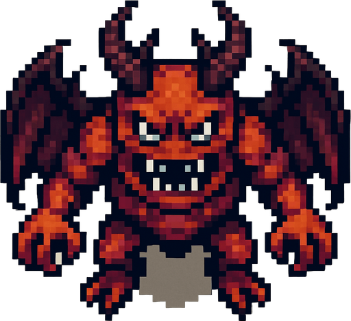 Un enemigo jefe nivel avanzado visto desde arriba, pixel cartoon..
In-Game asset.  2d.  High contrast.  No shadows