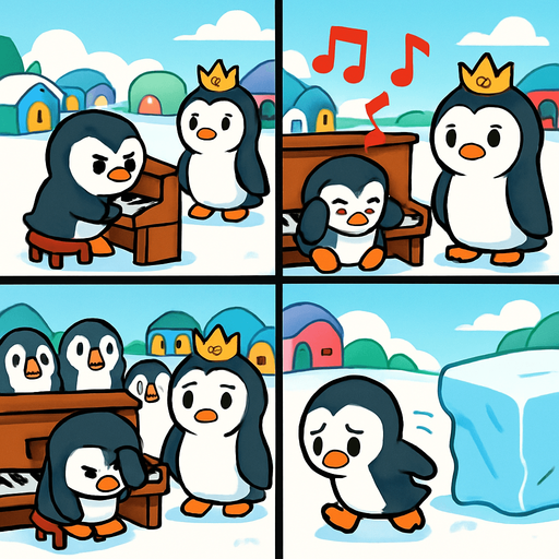 4-panel comic strip, no text, cute cartoon style, bright colors, black outlines.
Characters: Penguin Hero (small, determined) + Penguin Princess (elegant, crown) + Village Penguins
Central Theme: Music connects hearts, piano mastery wins love. Story: Hero's biggest challenge - public performance disaster

Panel 1: Hero attempts to play for Princess at village gathering
Panel 2: Makes terrible mistakes, wrong red notes everywhere, crowd looks shocked
Panel 3: Princess looks disappointed, Hero devastated and embarrassed
Panel 4: Hero runs away, hiding behind ice block, feeling defeated
In-Game asset.  2d.  High contrast.  No shadows