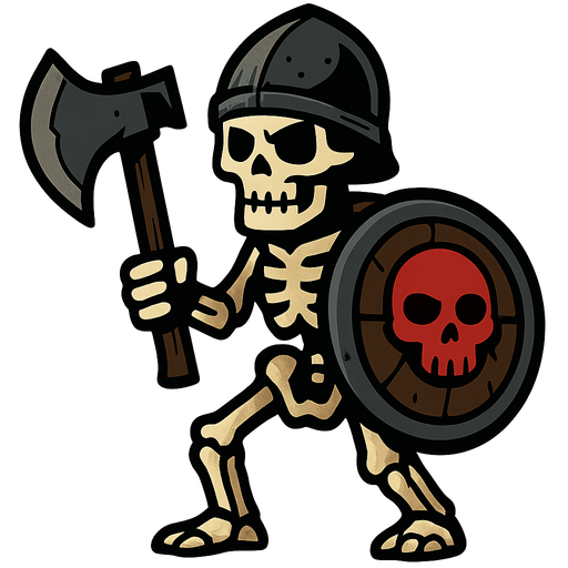 Skeleton with it's skull covered with a dark helmet, a dark axe and a shield with a red skull in the middle.
In-Game asset.  2d.  High contrast.  No shadows