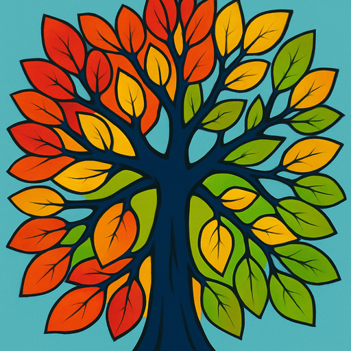 Top view of colorful tree looking upwards.
In-Game asset.  2d.  High contrast.  No shadows