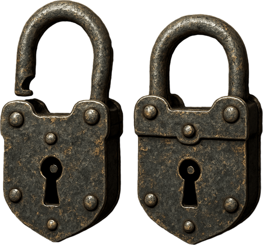 Old metal lock opened and closed.
In-Game asset.  3d.  High contrast.  No shadows